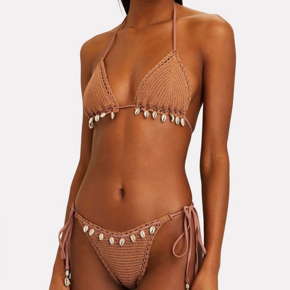 Zimmermann Cassia Brown Crochet Triangle Two Piece Cowrie Shells Bikini Swim Set